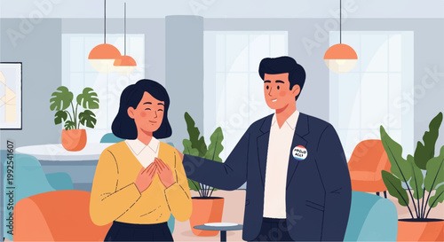 Man comforting a distressed woman in a modern office or co-working space with plants co working emotional support mental health colleague