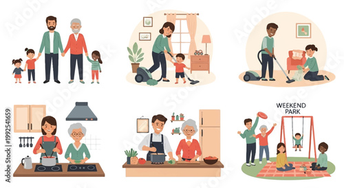 Diverse family members engaged in various domestic activities with flat design family time domestic life holding hands children grandparents