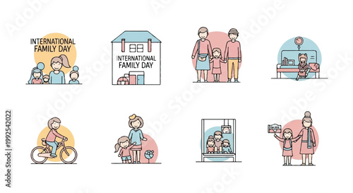 International family day doodle icons with line art children illustration daughter grandparent togetherness celebration relationship