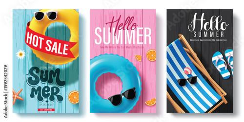 Summer Sale and Hello Summer Flyer Set with Inflatable Rings Sunglasses and Beach Chair Vector