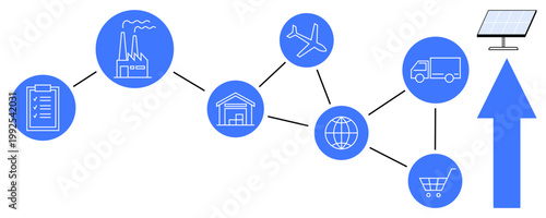 Supply chain, logistics, renewable energy, e-commerce, industrial production, transportation. Circular icons connected showing logistics flow. Supply chain and renewable energy integration concept
