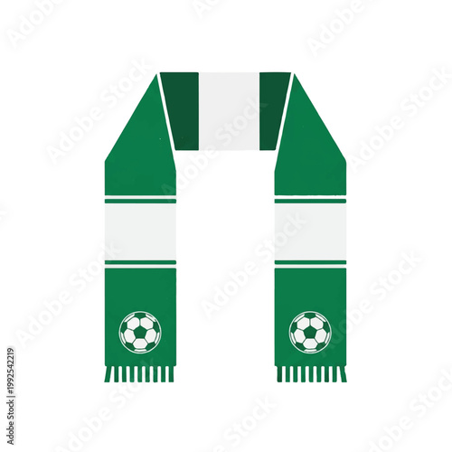 A minimalist flat vector of a folded fan scarf with a soccer ball icon at the ends, arranged in a U-shape. Colors: emerald green, white, and black. minimalist flat vector artwork, clipart style,
