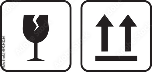 Handle with Care: Symbol icons depicting a fragile glass and upward arrows against a plain backdrop, signifying the delicate nature of the contents, ensuring safe transport.