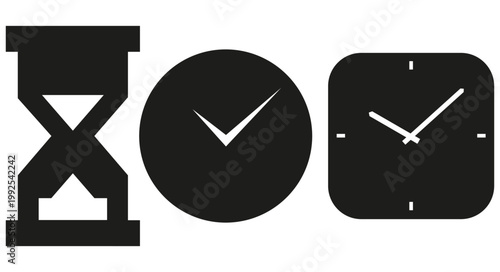 Minimalist vector illustration of three time symbols hourglass round clock with V shaped hand and square clock with traditional hands. Bold black icons for scheduling or time management graphics.