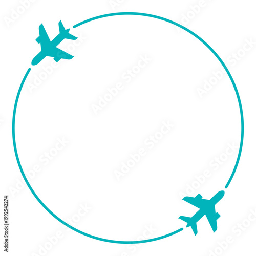 Clean vector illustration of two teal airplanes connected by a circular flight path. Symbolizes global travel flight routes or journeys. Ideal for travel websites airline promotions or booking apps.