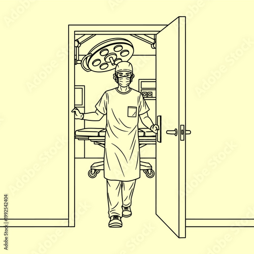 Surgeon in Scrubs Exiting an Operating Room with Medical Equipment Visible