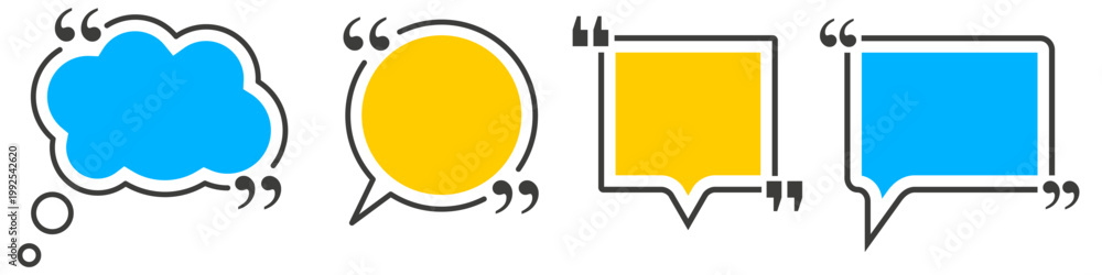Fototapeta premium Four vector speech and thought bubbles in blue and yellow. thought cloud round speech and square speech. Bold black border with quotation marks. Ideal for infographics social media or chat apps.