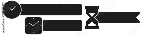 Black and white vector illustration of round clock with checkmark hand rectangular clock with traditional hands and classic hourglass, blank text blocks for time management or scheduling graphics.