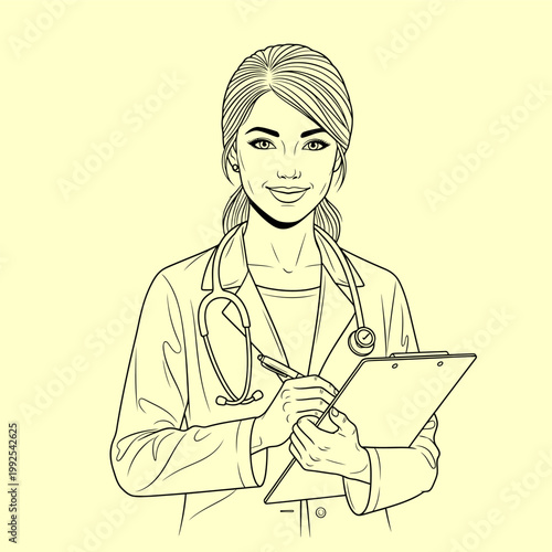 A friendly and approachable female doctor wearing a stethoscope and holding a clipboard, ready to assist with medical care and health advice
