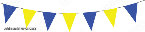 Festive Banner: A string of triangular pennants in vibrant blue and yellow hues is strung across, ideal for creating a celebratory or decorative atmosphere. 