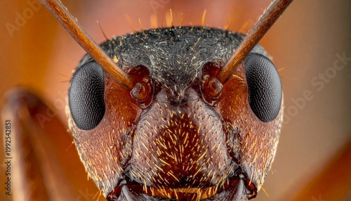 Extreme close-up of an ants face showcasing intricate details.