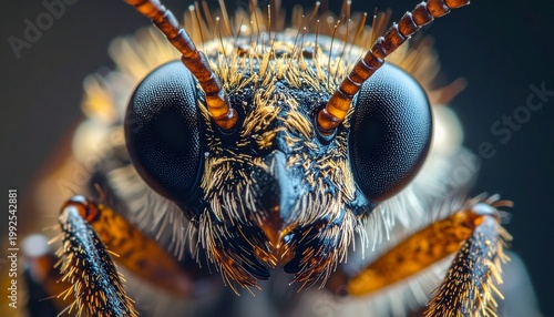Extreme Close-Up of a Bees Face Revealing Intricate Details.