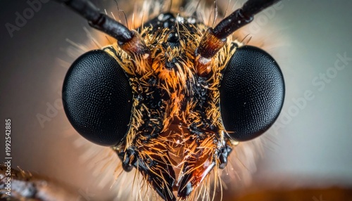 Extreme close-up of an insects head showcasing intricate details and textures.