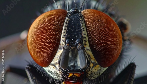 Extreme Close-Up of a Flys Head with Prominent Compound Eyes.
