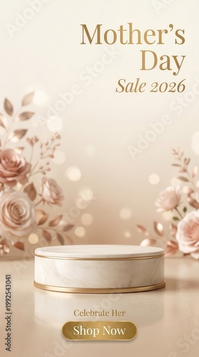 Mothers day sale 2026 background with marble podium and soft pink roses for product display