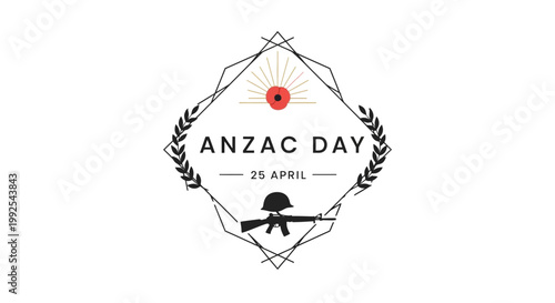 Solemn ANZAC Day remembrance illustration featuring a poppy flower symbol and military tribute to veterans in a vector design with a war memorial illustration and respectful background