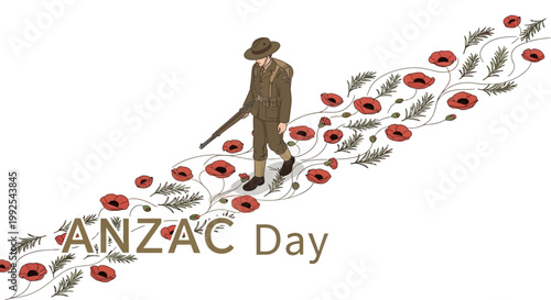 On a bright white backdrop, a vintage-styled illustration honors ANZAC Day with a soldier walking along a floral path of remembrance poppy flowers, creating a respectful tribute to veterans