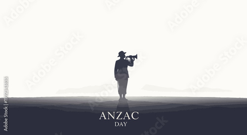 Solemn war memorial vector illustration featuring a silhouetted soldier playing the bugle in remembrance, set against a stark horizon in honor of ANZAC Day, conveying respect and sacrifice
