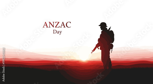 Silhouette illustration of a soldier standing at dawn in an ANZAC remembrance war memorial scene, paying tribute to veterans with a respectful background design featuring a patriotic
