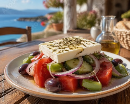 Choriatiki Bauernsalat in mediterraner Atmosphäre am Meer
Choriatiki Bauernsalat mit Feta, Oliven und Gemüse auf rustikalem Tisch direkt am Meer serviert.