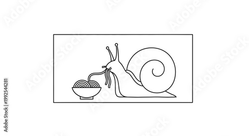 Funny Snail Eating Spaghetti Noodles from Bowl, Line Art Illustration