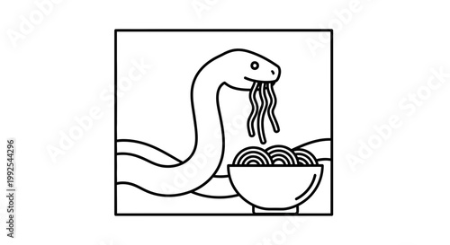 Funny Snake Eating Noodles in Bowl, Cute Cartoon Animal Character, Japanese Ramen Food