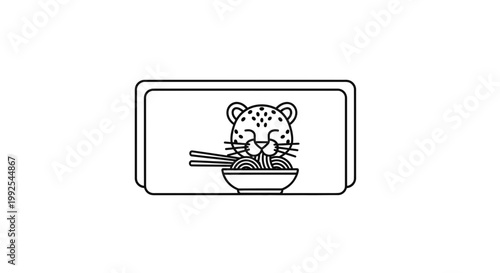 Cute Leopard Eating Ramen Noodles with Chopsticks - Line Art Icon