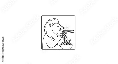 Cute Lion Eating Noodles with Chopsticks, Funny Animal Illustration