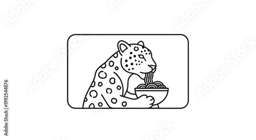 Cute Leopard Eating Noodles From Bowl, Funny Animal Illustration, Line Art