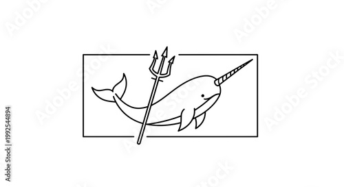 Cute Narwhal Holding Trident, Mythical Sea Creature with Horn, Outline Illustration
