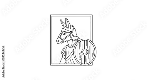 Cartoon Donkey Warrior with Helmet and Shield, Medieval Knight, Animal Soldier, Vector Illustration