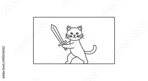 Cartoon Cat Warrior Holding Sword, Ready for Battle, Funny Animal Illustration