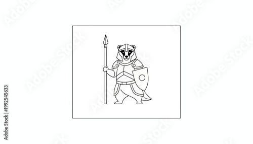 Cartoon Badger Knight Warrior with Spear and Shield, Fantasy Animal Character