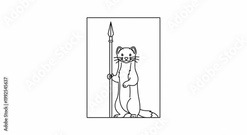 Cartoon Ferret Warrior Holding Spear Standing Guard