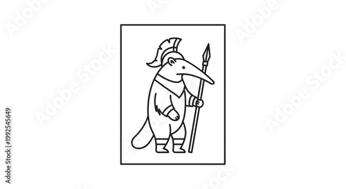 Cartoon Anteater Warrior with Spear and Helmet, Line Art