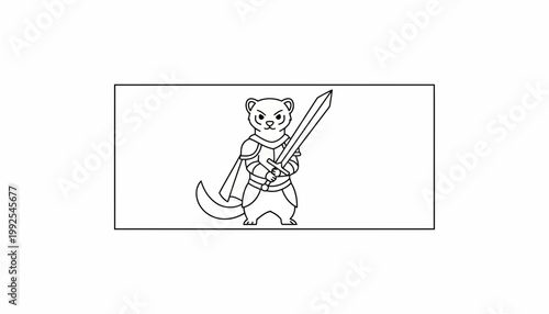 Cartoon Ferret Warrior with Sword and Cape, Fantasy Character, Line Art