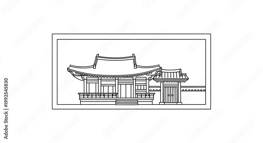Fototapeta premium Traditional Korean Architecture Building Facade Line Art Drawing