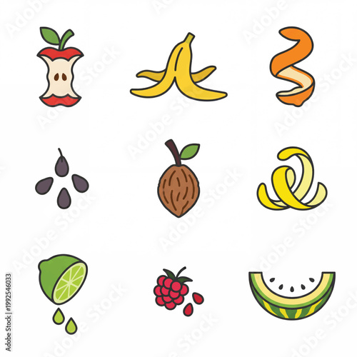 Collection of fruit waste and scraps icons.