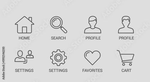 A structured layout of four large minimalist UI buttons labeled Search, Profile, Settings, and Favorites, featuring clean line art icons and bold uppercase typography for intuitive user navigation.