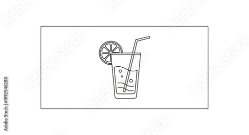 Refreshing Summer Drink with Lemon Slice and Straw - Line Art Icon