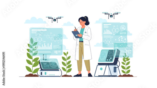 Woman in lab coat holding tablet.