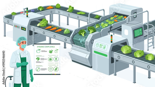 Food factory worker inspecting produce.