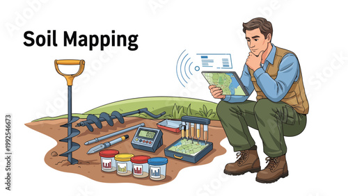 Man analyzing soil with tablet outdoors.
