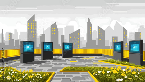 Kiosks with blue screens standing outdoors.