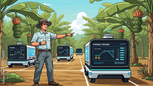 Man Directing Autonomous Delivery Robot Vehicle.