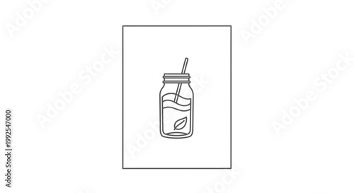 Refreshing Detox Water in Mason Jar with Leaf and Straw, Clean Line Art Icon