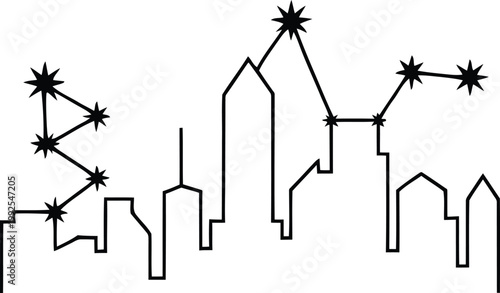 City skyline silhouette with connected star constellation lines in a minimalist vector