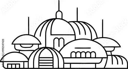 Futuristic space colony with modular domed structures and antennas in line art vector