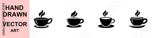 Hand drawn coffee cup vector icons minimalist black silhouette steaming mugs set modern cafe beverage logo illustration design isolated clean background collection style