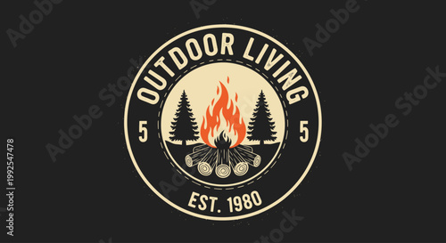 A circular retro-style badge featuring a campfire illustration with pine trees and the text "OUTDOOR LIVING," designed for camping brands, nature organizations, or outdoor adventure enthusiasts.